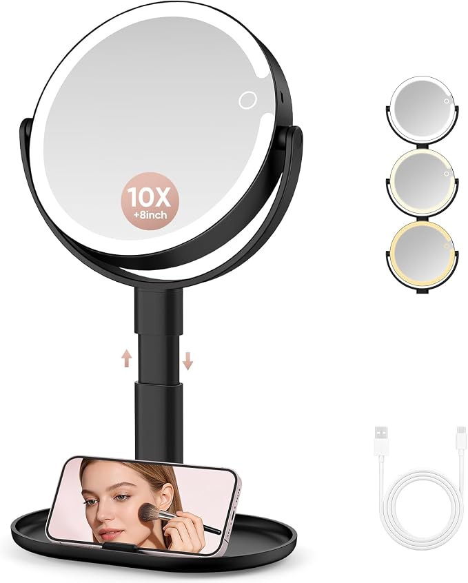 Rechargeable Lighted Makeup Mirror,10X Magnification, 8 Inch | 3 Adjustable Light Colors, Rechargeable Cordless Design, Adjustable Height, Storage Base with Phone Holder,Touch Control