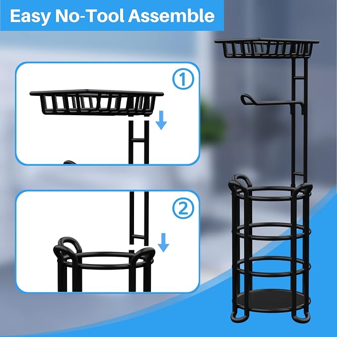 Toilet Paper Holder Stand with Shelf, Free Standing Tissue Roll Storage Rack with Dispenser for Bathroom, Black