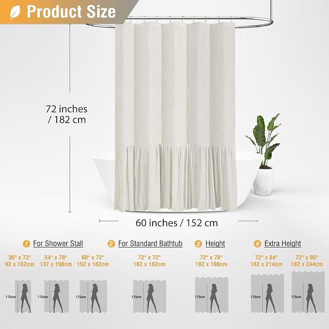 Stall Linen Ruffle Farmhouse Cloth Shower Curtain, 60x72, Natural | Ruffle Hem, Heavy Duty Fabric, 10 Hooks, Elegant Drape, Shabby Chic Style, Bathroom Decor, Machine Washable, Easy To Install