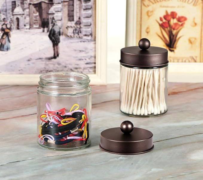 Amolliar Glass Apothecary Jar Qtip Holder Metal Lids 4pc/Bronze | Bathroom Decor Countertop Vanity Storage Organizer Set for q tip holder,Cotton Swabs/Rounds,Makeup Sponges,Cute Stickers