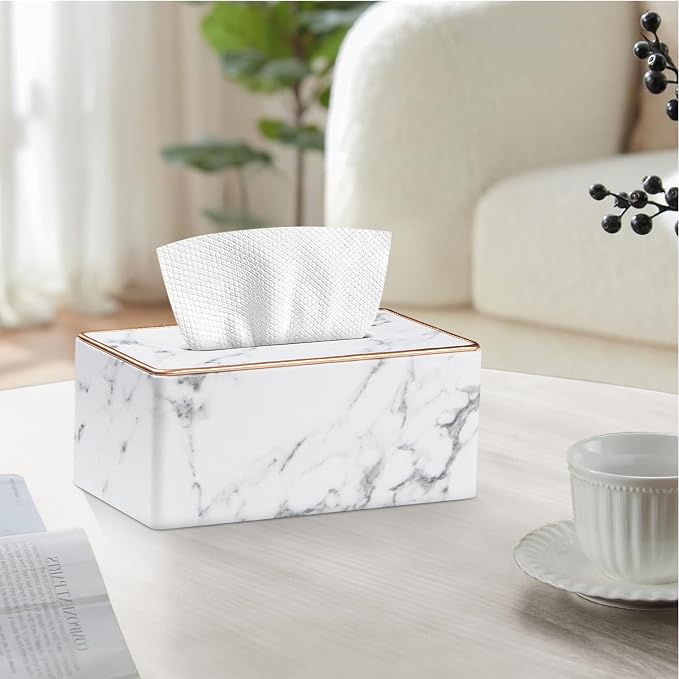 PU Leather Tissue Box Cover Rectangle,Marble Facial Tissues Cube Box Holder | Modern Facial Paper Napkin Dispenser Organizer Rectangular for Bathroom Vanity,NightStand,Coffee Table,Hotel,Car,Home Decor