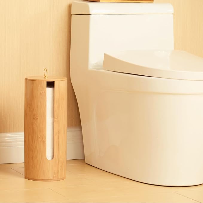 Gobam Bamboo Toilet Paper Storage with Dual-Use Lid, Freestanding Bathroom Tissue Organizer with Viewing Slot, Built-In Handle, Anti-Slip Base, Compact Toilet Paper Holder Stand for up to 3 Mega Rolls