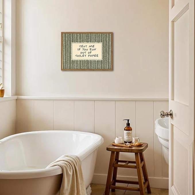 Funny Bathroom Wall Art Text Me If You Run Out of Toilet Paper Sign Wall Decor Picture Vintage Quirky Quote Striped Restroom Poster Canvas Painting Prints 12x16 inch Wood Framed