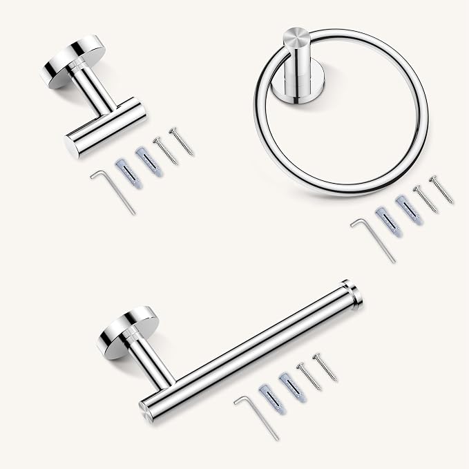 FORIOUS Bathroom Accessories Set, 4-Piece Bathroom Hardware Set | Chrome | SUS304 Stainless Steel Towel Ring, 2 Towel Hooks, and Toilet Paper Holder Wall Mounted