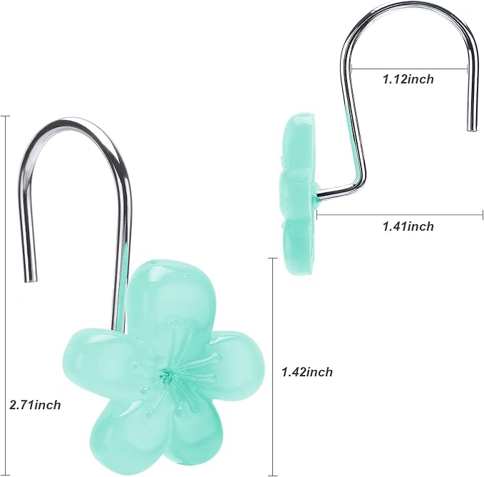 Cute Flower Shower Curtain Hooks, Glow in The Dark, Pretty Floral Themed Elegant Bathroom Decor, Teal