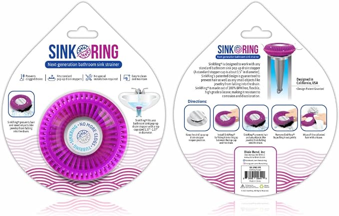 SinkRing Bathroom Sink Drain Protector & Strainer for Sink Stoppers, Purple | Easy snap-in design. Precision clog-free trap prevents loss of earrings, jewelry or contacts. Fits 1.37" - 1.57" stoppers.