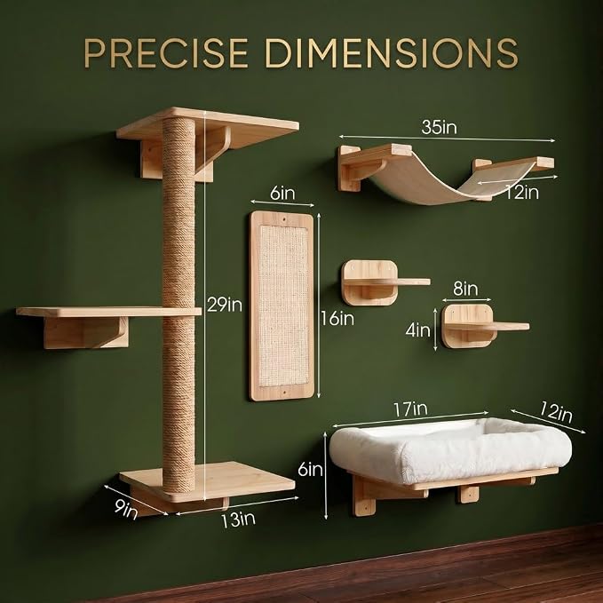 6in1 Cat Wall Shelves, Large Mounted Climbing Tower System for Cats, Modern Shelf for House Corner, Indoor Wooden Hammock Tree Furniture Set with Scratching,Perch, Bed,Ladder,Steps,Bridge