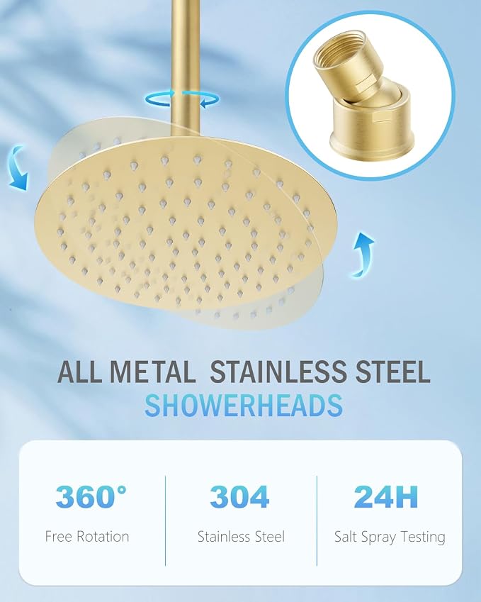 10 Inch Brushed Gold Round Rain Shower Head, All Metal Stainless Steel Rainfall Shower Heads with 100 Anti-Clog Silicone Nozzles, Wall or Ceiling Mount