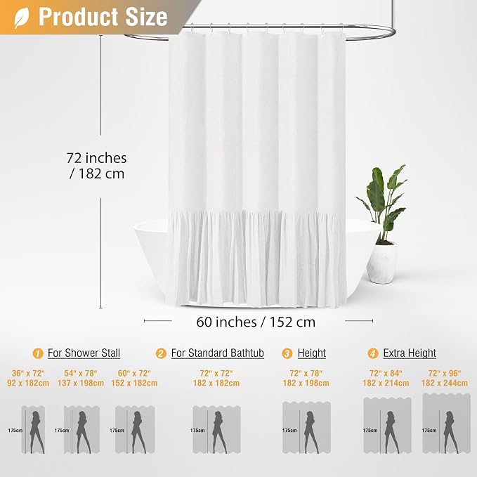 Stall Linen Ruffle Modern Farmhouse Cloth Shower Curtain, 60x72, White | Ruffle Hem, Heavy Duty Fabric, 10 Hooks, Elegant Drape, Shabby Chic Style, Bathroom Decor, Machine Washable, Easy To Install