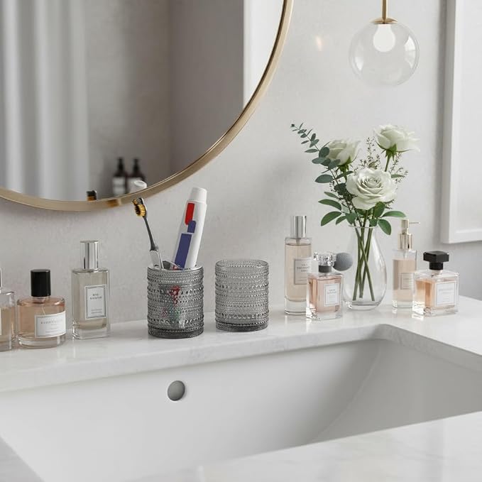 Grey Toothbrush Holders for Bathrooms, Glass Toothbrush Holder with 2 Slot Divider, 10oz Bathroom Tumbler and Mouthwash Cup, Tooth Brush Holder for Brushes, Toothpaste