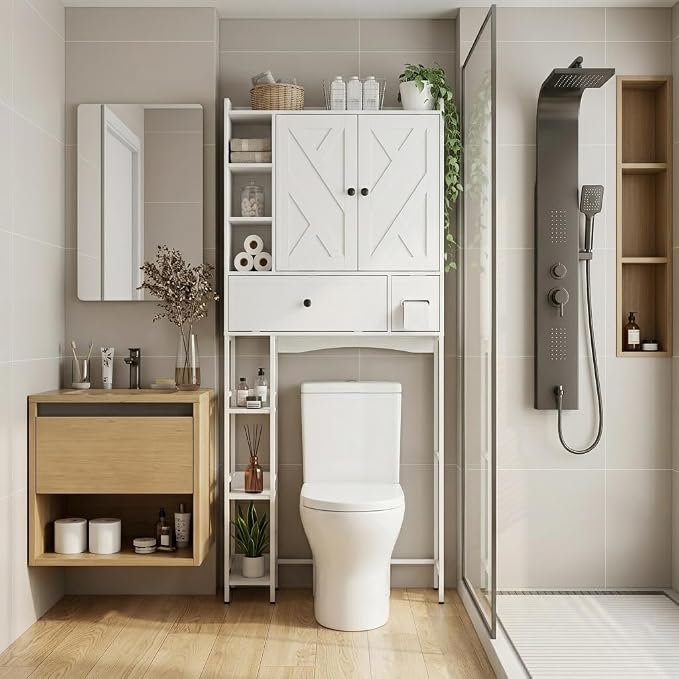 Garvee Over-The-Toilet Storage Rack, Modern Bathroom Organizer | MDF Shelves & Steel Frame, Space-Saving Toilet Shelf for Small Bathrooms, Bathroom Cabinet for Towels & Toiletries, White