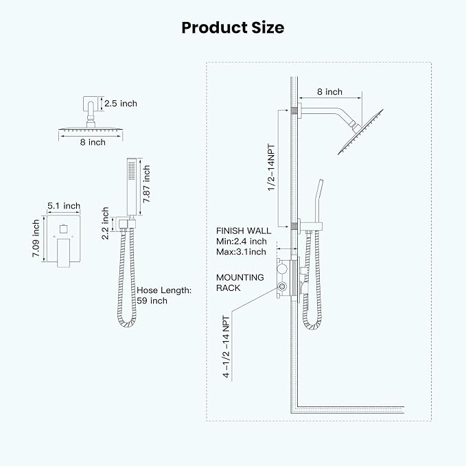 gotonovo Shower Faucet Set with Handheld Spray Brushed Nickel,8'' Head | SUS304 Rainfall Shower Head and Handle Set System Fixture,Pressure Balance Valve Trim Kit,Single Handle,Wall Mount,All Metal