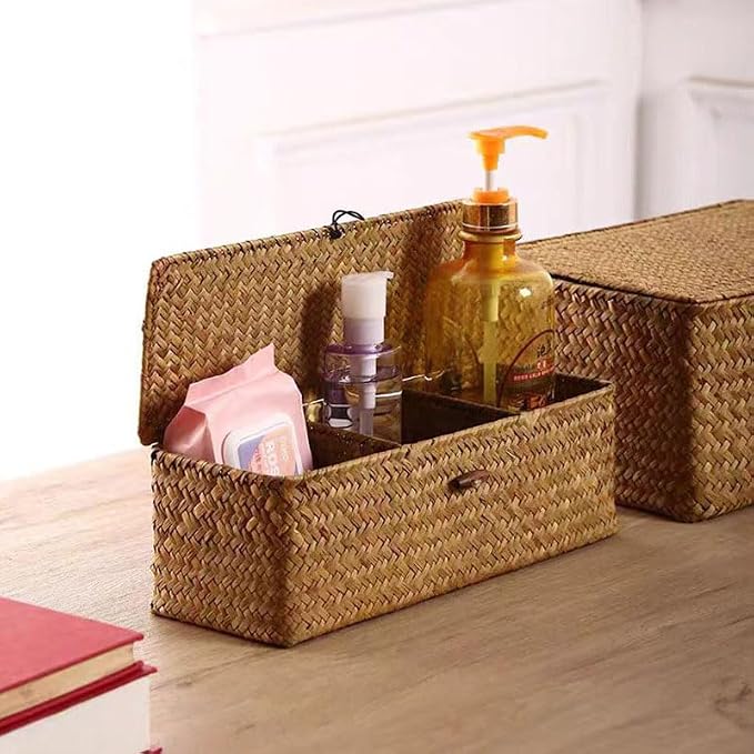 Seagrass Storage Basket for Bathroom - Toilet Tank with Lid, Wicker Woven Narrow Basket for Organizing (13" x 5" x 4.3")