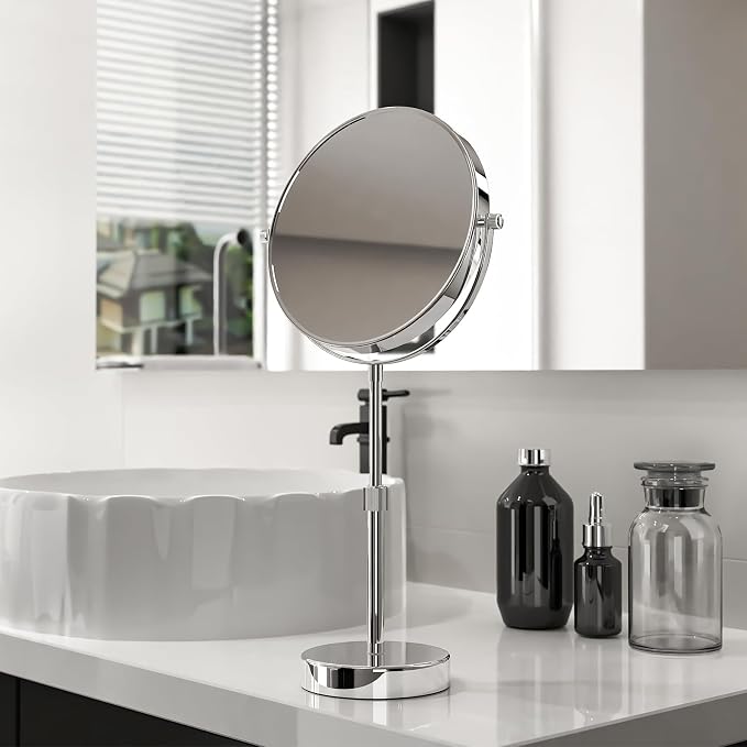 Nicesail 19 Inch Tall Makeup Mirror with 10X Magnification, Make up Mirror 8 Inch Double-Sided, Table Mirror with Pedestal for Shaving, Standing Mirror Height Adjustable Chrome Finish (8 Inch, 10X)