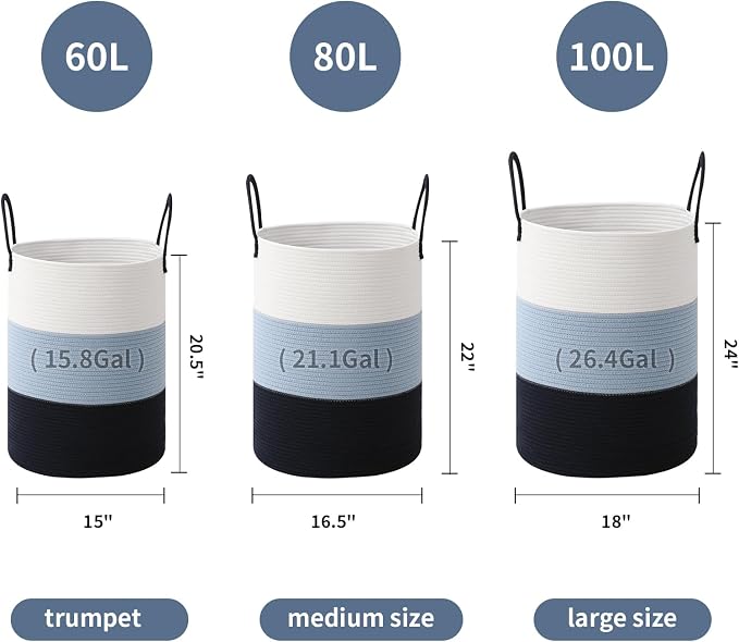 Laundry Basket Hamper Tall Rope Storage Woven for Blanket toys Dirty Clothes in Living Room Bathroom Bedroom (Gradient Blue, 80L/21.3Gal)