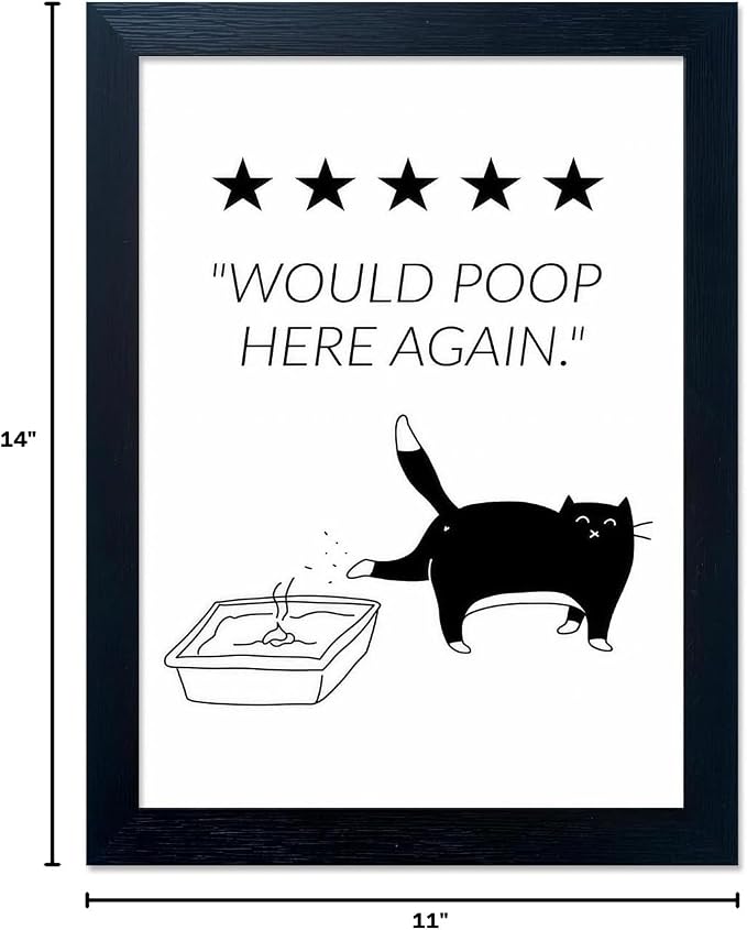 Funny Bathroom Wall Art Would Poop Here Again Framed Black and White Cat Bathroom Wall Decor Bathroom Sign Print Paintings for Home Decor