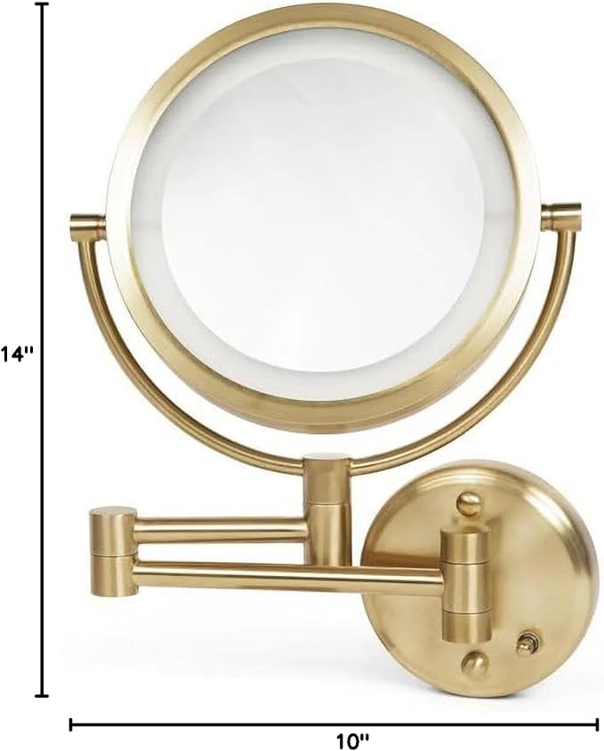 JERDON Hardwired Wall-Mount Makeup Mirror - 8X/1X - Gold - HL88BGLD | 8.5" Round Frame, 13.5" Wall Arm, LED Lighting, Direct Wire Installation