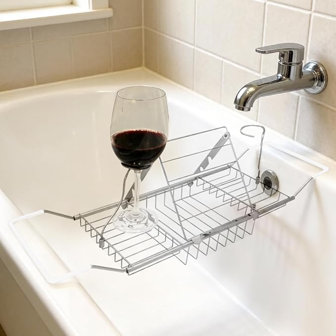 Bathtub Caddy Tray, Expandable Bath Tub Table with Removable Book Holder Red Wine Rack Holder, for Home Kitchen Bathroom, Sliver