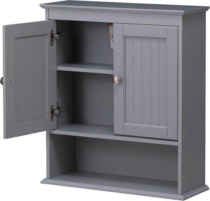 Spirich Bathroom Medicine Cabinet Over Toilet, Wall Mounted Cabinet, Gray | FSC-Certified Engineered Wood, Hidden & Open Storage, Adjustable Shelf, Modern Beadboard Design for Bathroom Kitchen Laundry