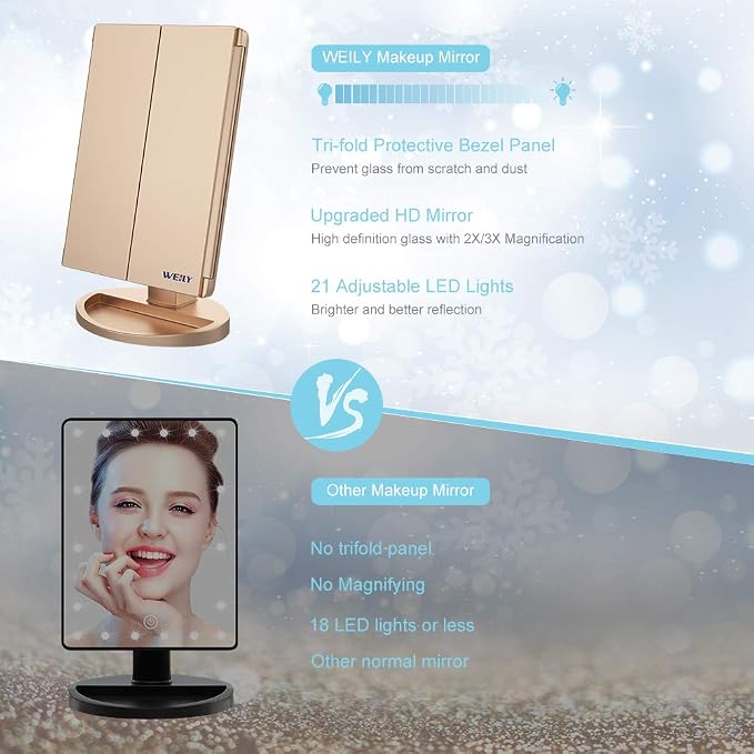 WEILY Makeup Mirror with 21 LED Lights,Two Power Supply Modes | Adjustable Touch Screen and 1x/2x/3x Magnification Tri-Fold Vanity Mirror,Chargeable Travel Cosmetic Mirror for Desktop