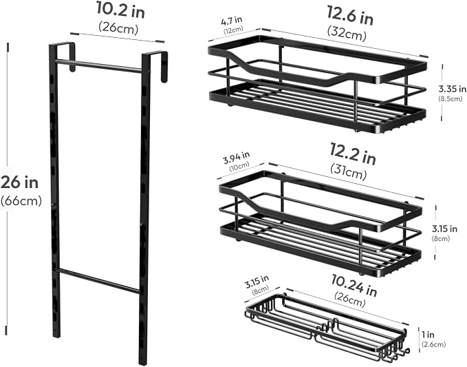 SWTYMIKI Over the Door Shower Caddy - 3 Tier Adjustable Shower Organizer Hanging with Soap Holder, No Drilling Stainless Steel Bathroom Rack Hanging for Body Wash, Shampoo, Soap, Razor, Black