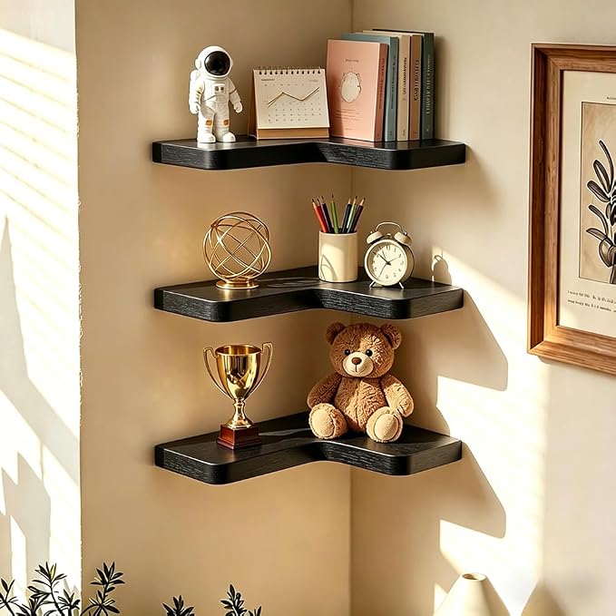Floating Corner Shelves, Wall Shelf Set of 3, Shelves for Wall Storage, Solid Wood Shelves for Storage, Wall Mount Wooden Display Shelf for Bathroom Bedroom Kitchen Garage (Black 3 Pcs)