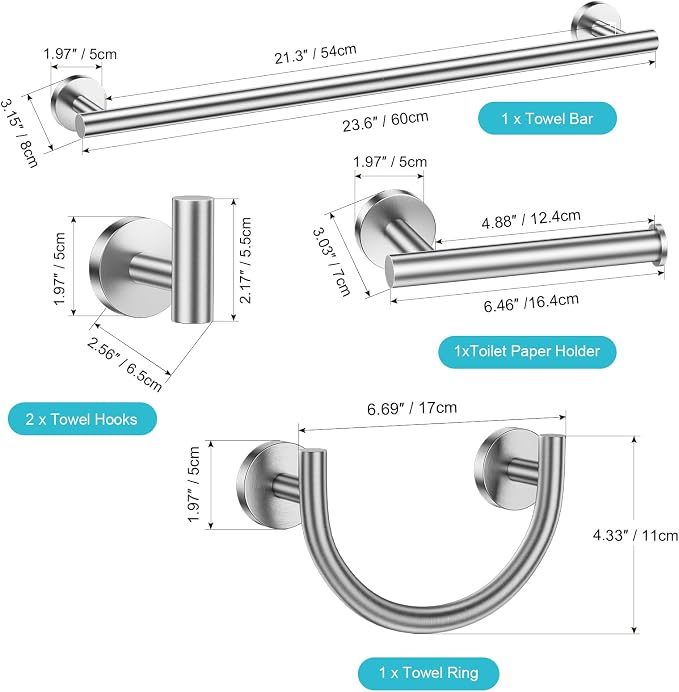 TURS Brushed Nickel 5-Piece Bathroom Hardware Set Towel Bar Set 23.6inch Towel Racks for Bathroom Wall Mounted, SUS304 Stainless Steel Towel Holder Set.