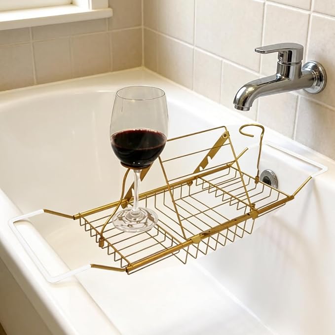 Bathtub Caddy Tray, Expandable Bath Tub Table with Removable Book Holder Red Wine Rack Holder, for Home Kitchen Bathroom,Gold