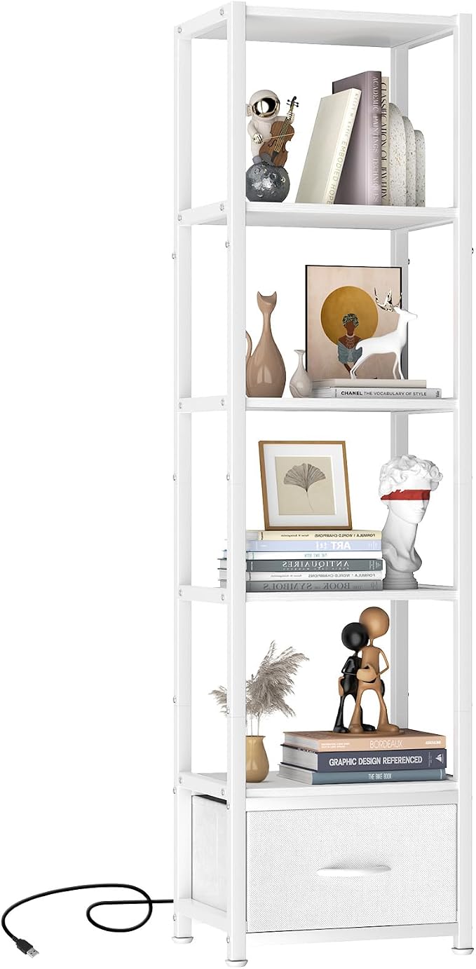 Housolution 6 Tier 60.6" Tall Bookshelf with Storage and LED Light, White | Narrow Corner Shelf Stand with Fabric Drawer, Bookcase Storage Organizer, Standing Shelf Unit for Small Spaces