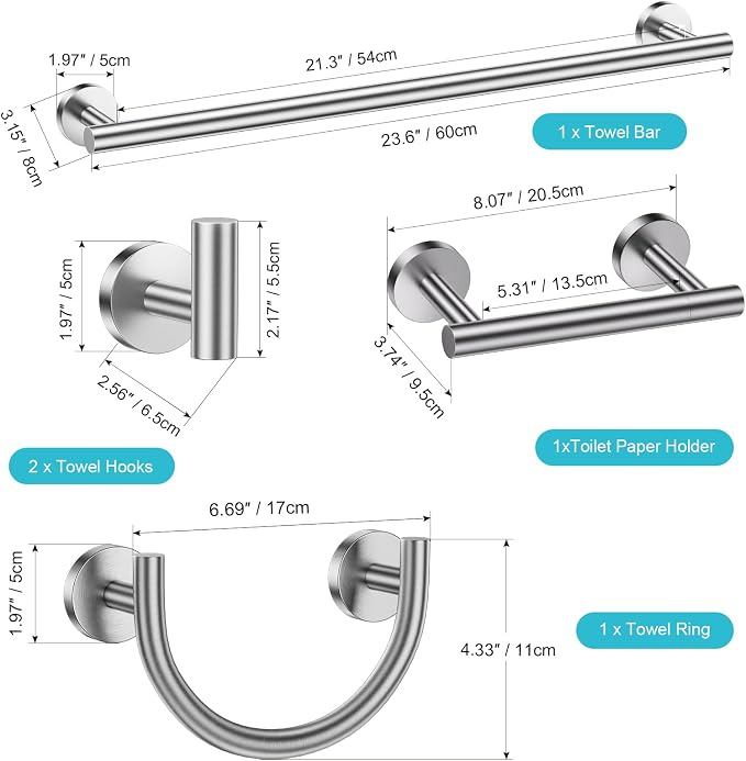 TURS 5-Pieces Brushed Nickel Bathroom Hardware Accessories Set 23.6inch SUS304 Stainless Steel Towel Bar Set Double Post Pivoting Toilet Paper Holder Set Wall Mounted
