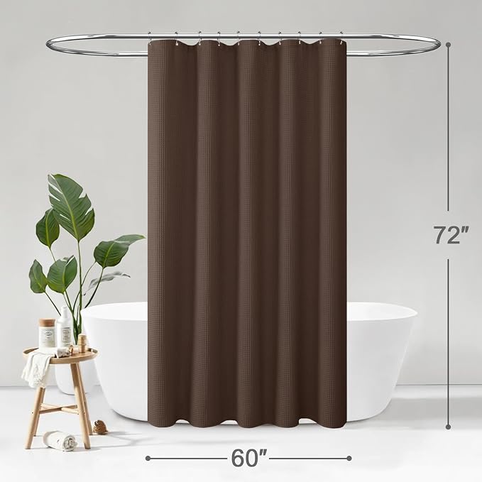 Extra Long Waffle Shower Curtain Heavyweight Cotton Fabric Brown 72Wx90L | Soft Cotton Cloth,3D Square Truely Waffle,Washable, Hotel Luxury Spa, Shower Curtains for Narrow Bathroom 12 Plastic Hooks