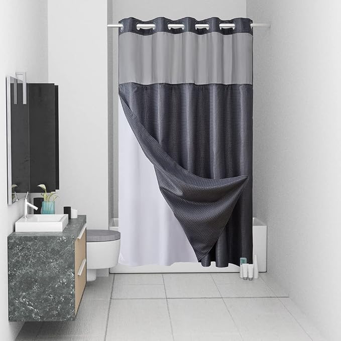 Furlinic No Hook Waffle Weave Shower Curtain with Snap in Fabric Liner Set,Heavy Duty Textured Bathroom Curtain with See Through Window,Waterproof & Machine Washable,Dark Grey,54x80 Inch