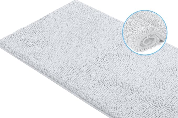 LuxUrux Ultra-Soft Chenille Bath Mat - Plush Microfiber Bathroom Rug, Super Absorbent & Quick-Dry, Cozy Shaggy Design, Machine Washable (24 x 36 inches, White)