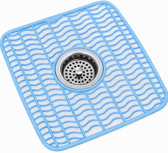 Dependable Industries Inc. Essentials 2 Pack Plastic Sink Protector Mat with Center Drain Cutout Protect Sink and Glasses and Dishes from Scratches and Breaks 12" x 11" (Light Blue)