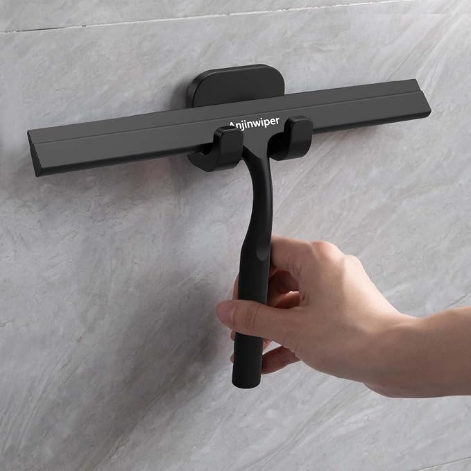 Shower Squeegee for Glass Doors, 10 in Bathroom Squeegee with Adhesive Hook | Ergonomic Glass Squeegee for Tile Shower Walls, Floor, Window, Car Cleaning - Streak-Free & No-Squeak, Silicone Squeegee Tool