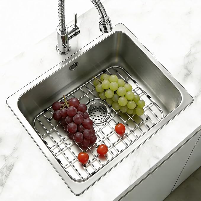 GUUKIN Sink Protectors for Kitchen Sink, 26" x 14" Stainless Steel Sink Protector with Rear Drain Hole, Sink Rack with Extra Replacement White Rubber Feet