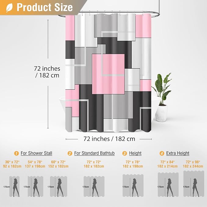 Pink Modern Geometric Waterproof Fabric Shower Curtain Set, 72 x 72 | Premium Polyester, Weighted Hem, 12 Plastic Hook, Vibrant Color, Wrinkle-resistant, Quick-Dry, Machine Washable, For Bathroom