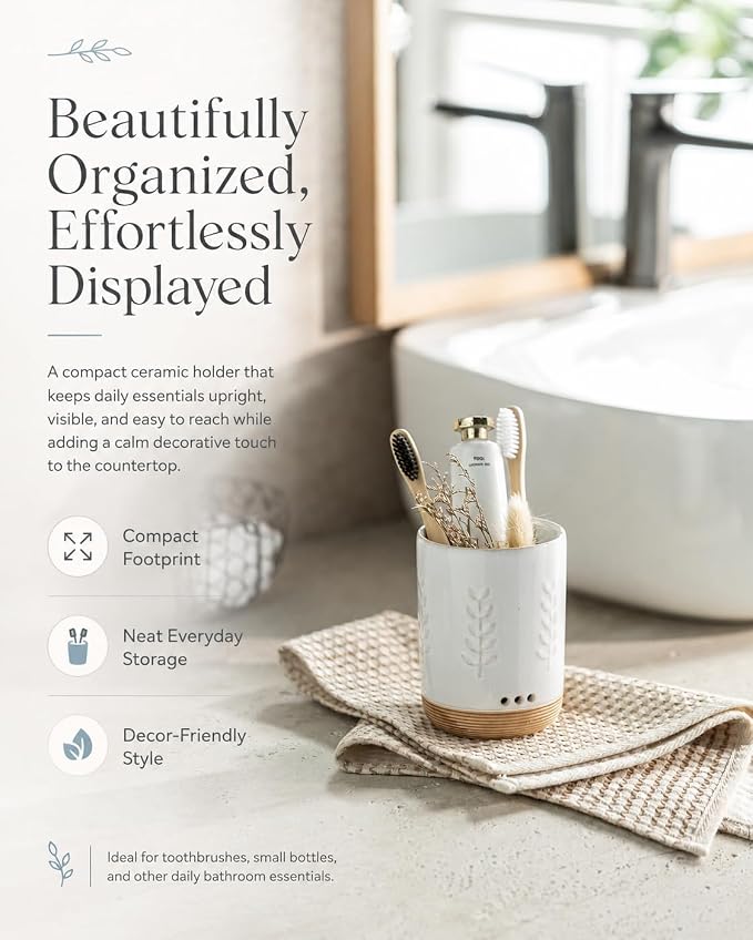 LYEOBOH Ceramic Toothbrush Cup, Cute Toothbrush Holder with Drainage White | Farmhouse Toothbrush Container, Countertop Toothbrush Organizer, Toothbrush Storage for Bathroom Vanity & Countertop