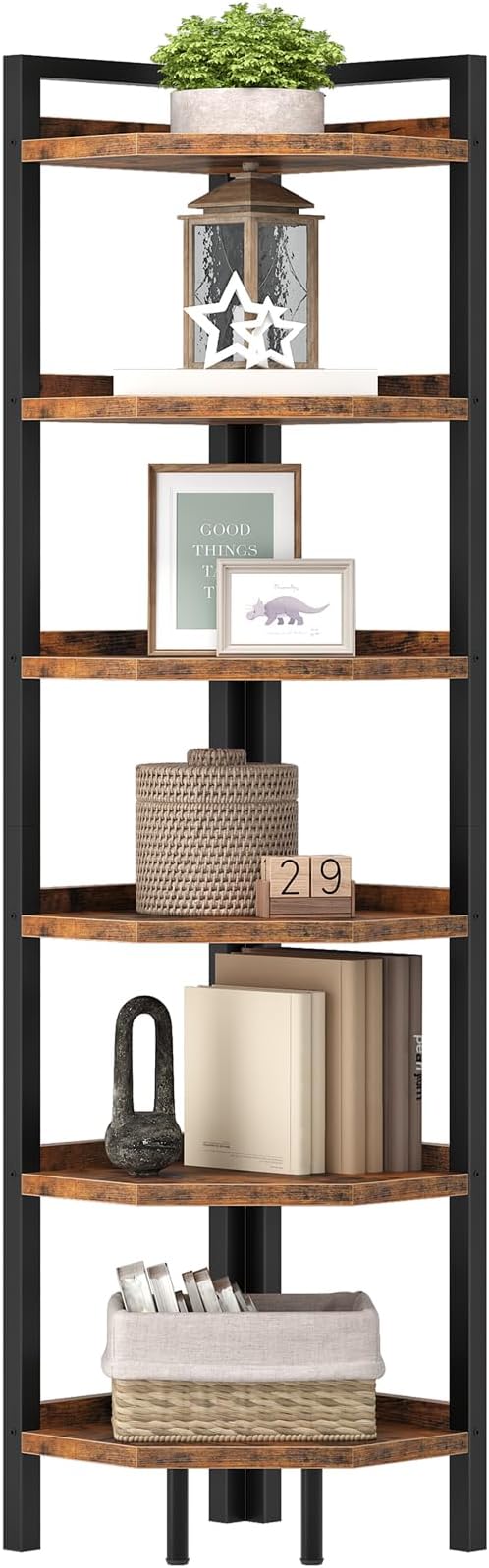 6-Tier Corner Shelf, Tall Corner Bookshelf, Freestanding Storage Stand, Display Shelving for Living Room, Bedroom, Home Office, Rustic Brown and Black TCJ39BF