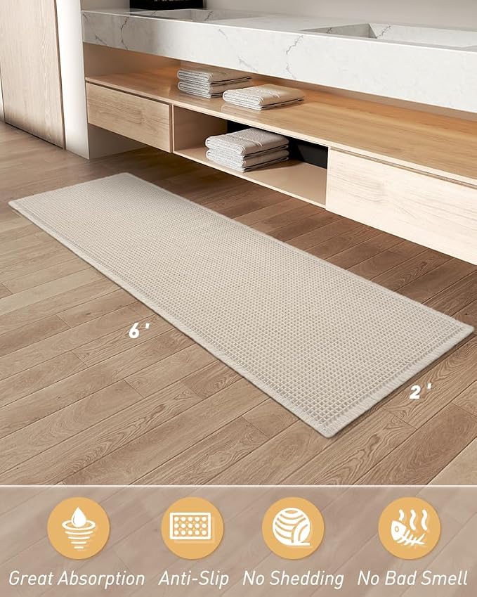 Upgraded Waffle Runner Rug Super Absorbent Non Slip Bath Mats for Bathroom, Washable Bathroom Runner Rug with Tassels, Ideal for Hallway Bedroom Laundry Room, Brown, 2'x 6'(24" x 72"), Pale Beige