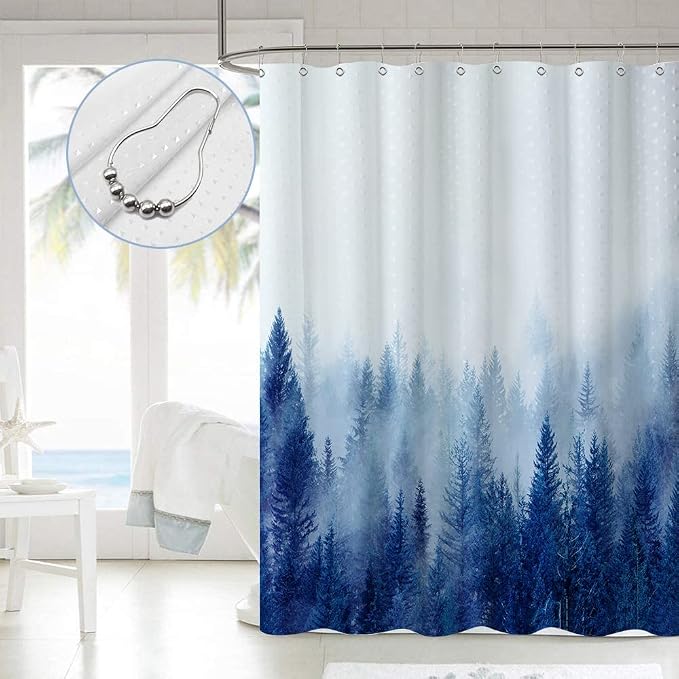ORTIGIA Blue Misty Forest Shower Curtain Set,Nature Mountain Shower Curtain with Hooks,Fantasy Fog Tree Bath Curtain for Bathroom,Waterproof Polyester Fabric-70 Wx72 L
