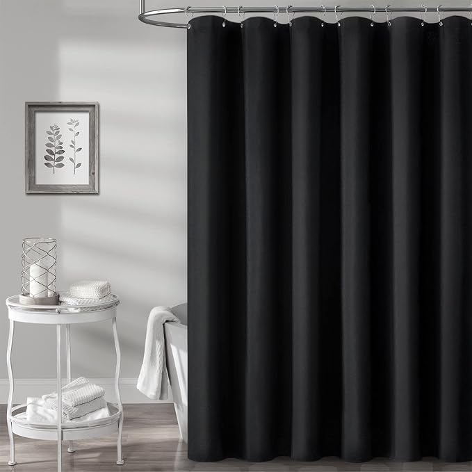 72x78 Linen Textured Waterproof Thick Fabric Shower Curtain Set, Black | Long Size, 230GSM Polyester, Heavy Duty Cloth, Weighted Hem, 12 Plastic Hooks, Modern Luxury Hotel Style, Machine Washable