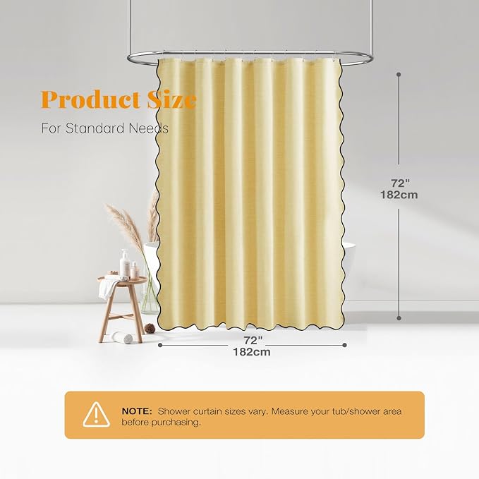 Yellow Boho Scalloped Linen Textured Cloth Shower Curtain Set, 72x72 | 230GSM Waterproof Polyester, Heavy Duty Fabric, 12 Plastic Hooks, Modern Farmhouse Style, Machine Washable, Bathroom Decor