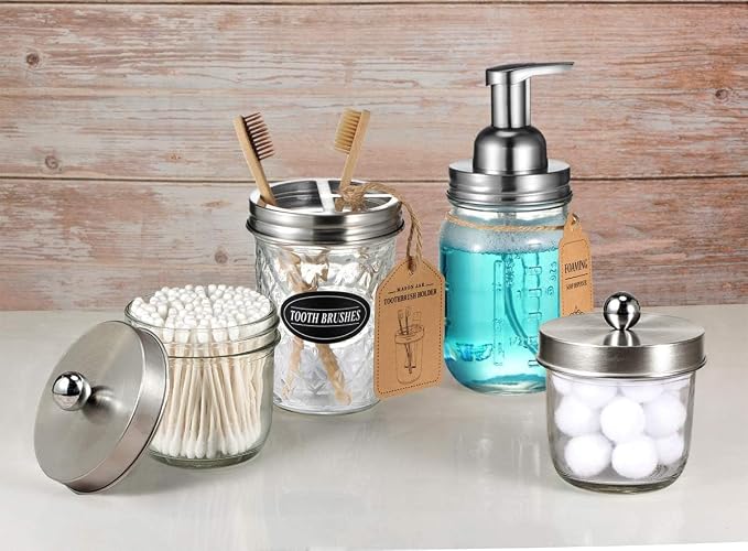 Amolliar Mason Jar Foaming Soap Dispenser, Foam Dispenser, Brushed Nickel | Rustproof Stainless Steel Lid Plastic Soap Pump, Rustic Farmhouse Decor, 16OZ Refill Hand Soap Dispenser for Bathroom Kitchen