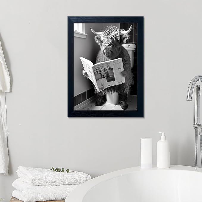 Framed Black and White Bathroom Canvas Print Highland Cow with Toilet Paper on Head Wall Art Toilet Decor Cow Pictures Wall Decor Animal Bathroom Wall Art for Home