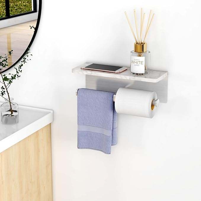Gypie Toilet Paper Holder with Marble Shelf, Double Brushed Nickel | Stainless Steel Tissue Roll Paper Holder Wall Mount for Bathroom Washroom