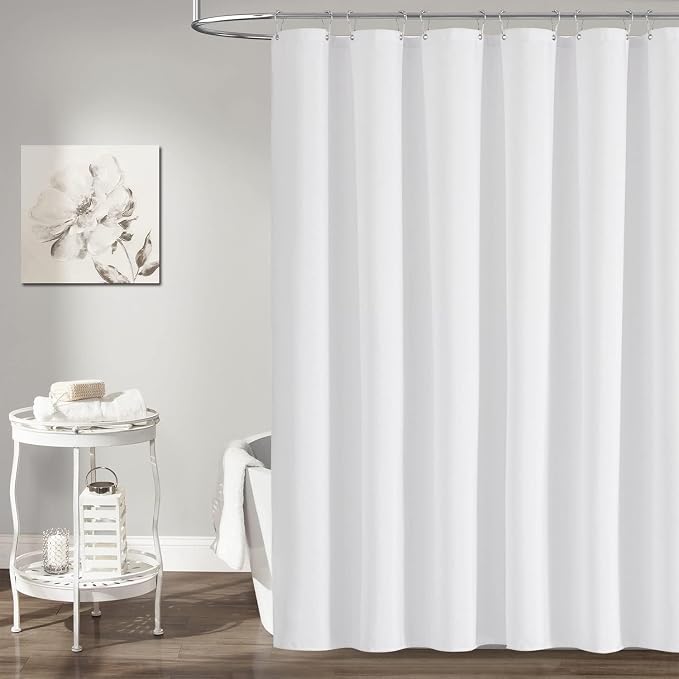 48x72 Linen Textured Waterproof Thick Fabric Shower Curtain Set, White | Stall Size, 230GSM Polyester, Heavy Duty Cloth, Weighted Hem, 8 Plastic Hooks, Modern Luxury Hotel Style, Machine Washable