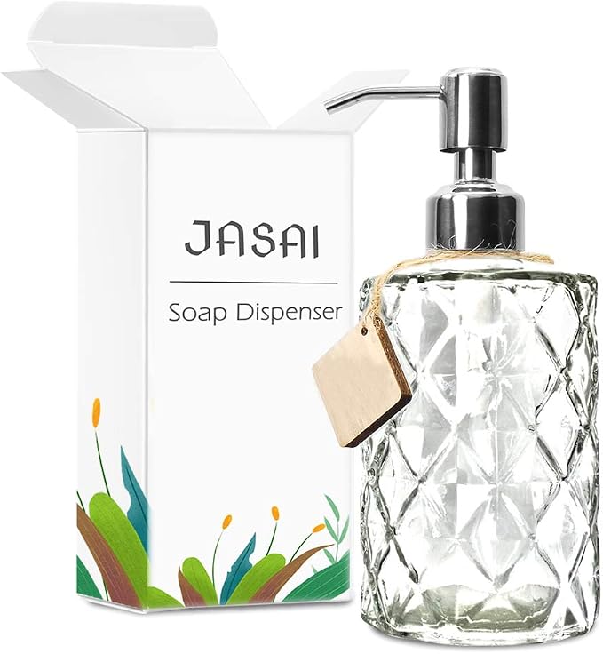 JASAI Diamond Design 12 Oz Glass Soap Dispenser with Rust Proof Pump | Kitchen Soap Dispenser with 304 Stainless Steel Pump, Bathroom Soap Dispenser for Hand Soap, Dish Soap, liquid Soap(Clear)