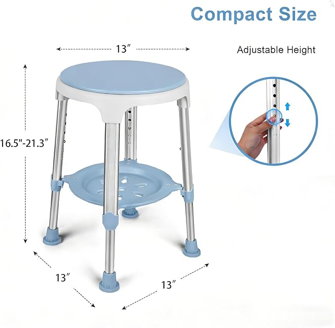 Shower Chair for Inside Shower, Tool-Free Assembly Swivel Shower Stool with Storage Tray, Adjustable Tub Chair and Bathroom Stool for Seniors, Elderly, Handicap & Disabled, FSA/HSA Eligible