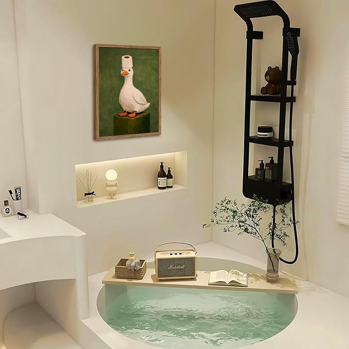 Funny Duck Bathroom Wall Art Cute Goose Toilet Paper Wall Decor Picture Vintage Animal Restroom Poster Canvas Painting Print 12x16 inch Wood Framed